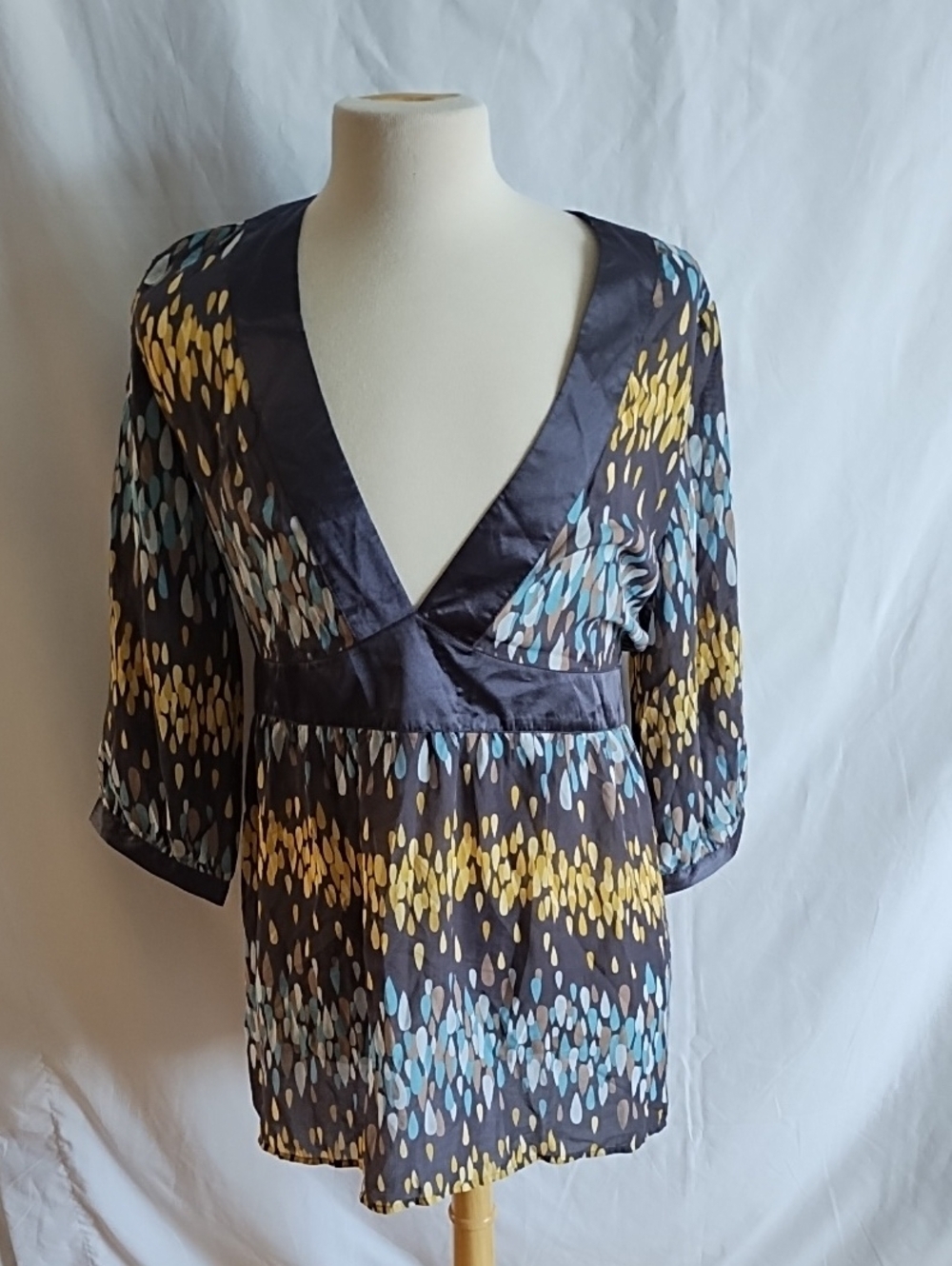 QVC Multicolor Satin-Trim Peplum Blouse — Navy with Yellow & Light Blue Drops